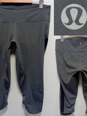 Lululemon Crop Leggings Women’s Gray Black 10 Large Mesh Side Panels 16"